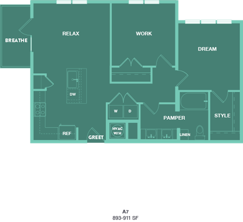 Floor plan for 1 bed, 1 bath, 911 sqft
